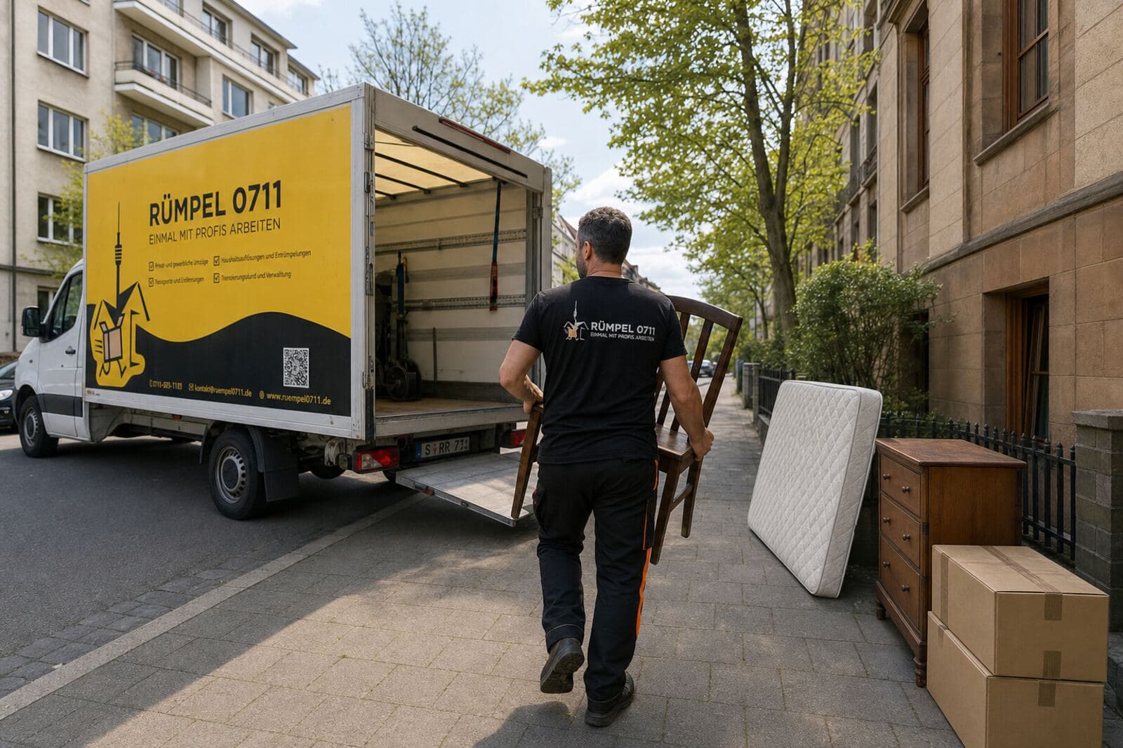 Rümpel 0711 Transporter vor einem Wohnhaus, Umzugsgut wird verladen