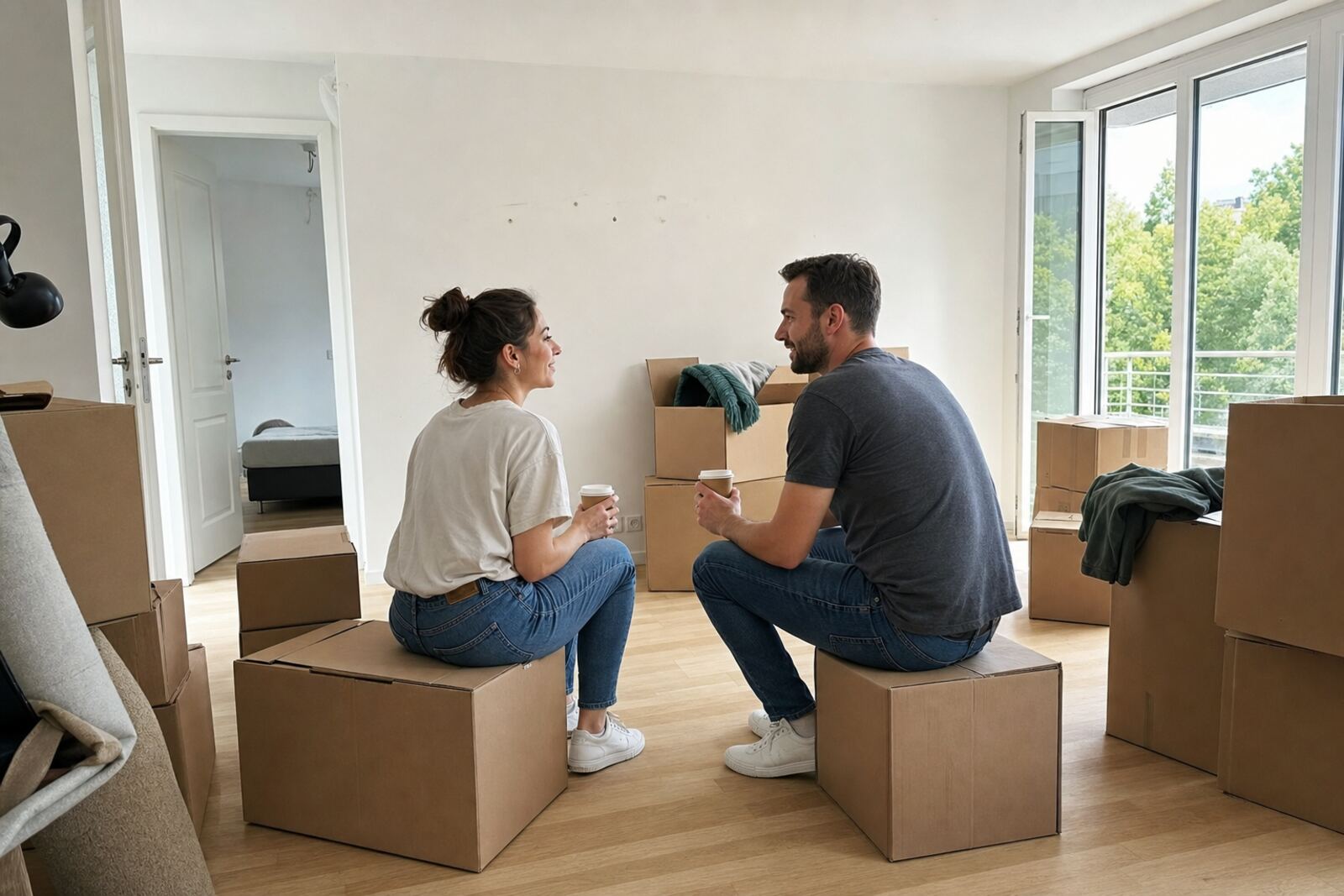 Paar sitzt in der leeren neuen Wohnung auf Umzugskartons und trinkt Kaffee